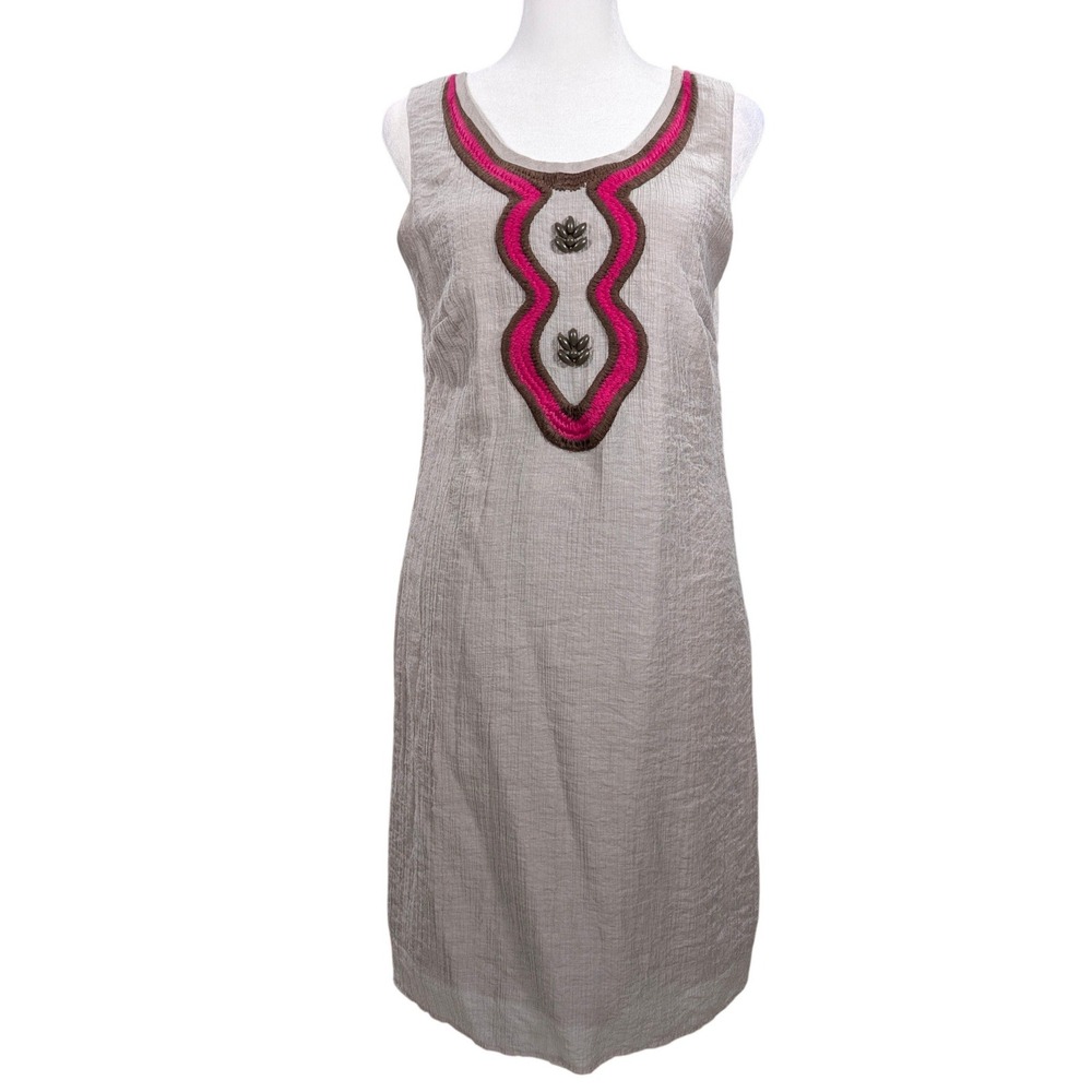 Merona Taupe Magenta Embroidered Beaded Bib Boho Summer Shift‎ Dress Size 6